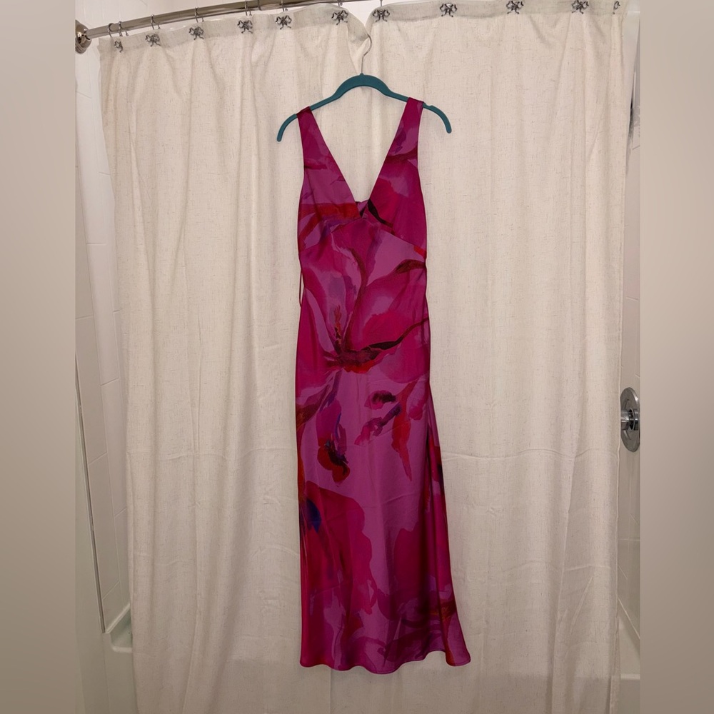 Zara Magenta Floral V-Neck Midi Dress